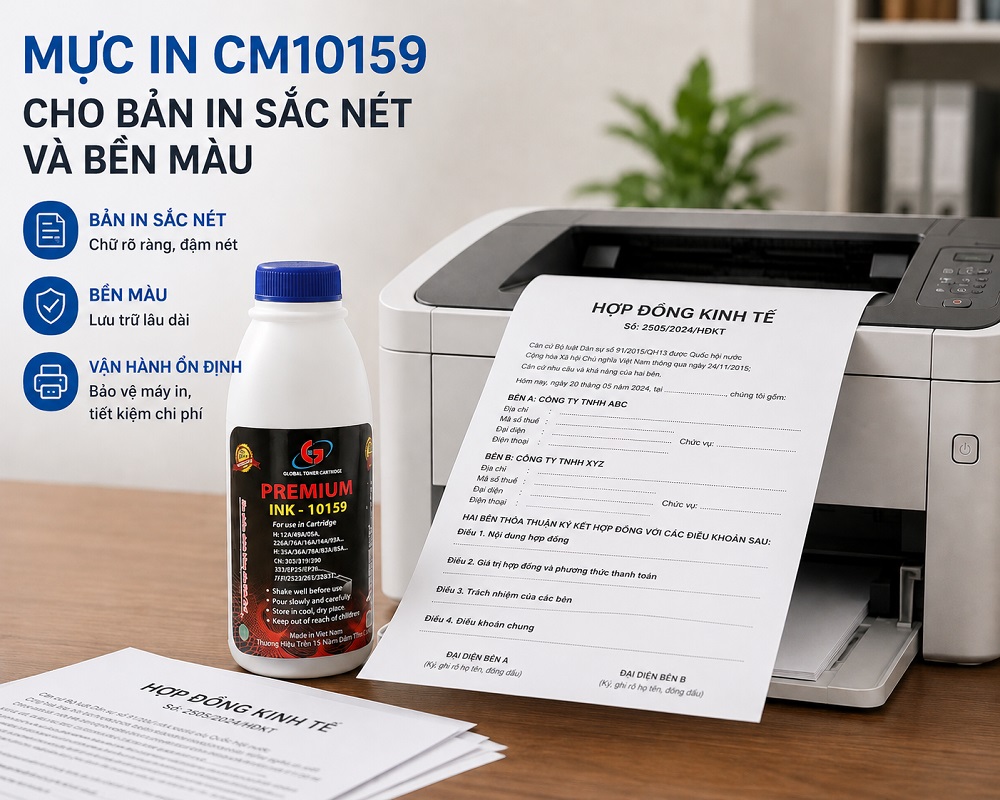 Mực in CM10159 chất lượng cao được thiết kế dựa trên các tiêu chuẩn kỹ thuật nghiêm ngặt, đảm bảo độ tương thích hoàn hảo với các dòng máy in