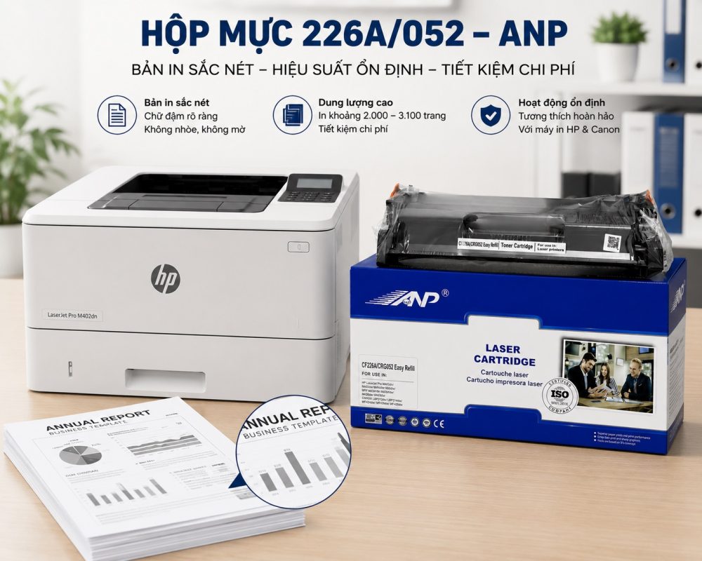 Hộp mực 226A ANP cho bản in sắc nét, sử dụng cho nhiều máy in HP và Canon, được cung cấp bởi Mực in Đức Quý.