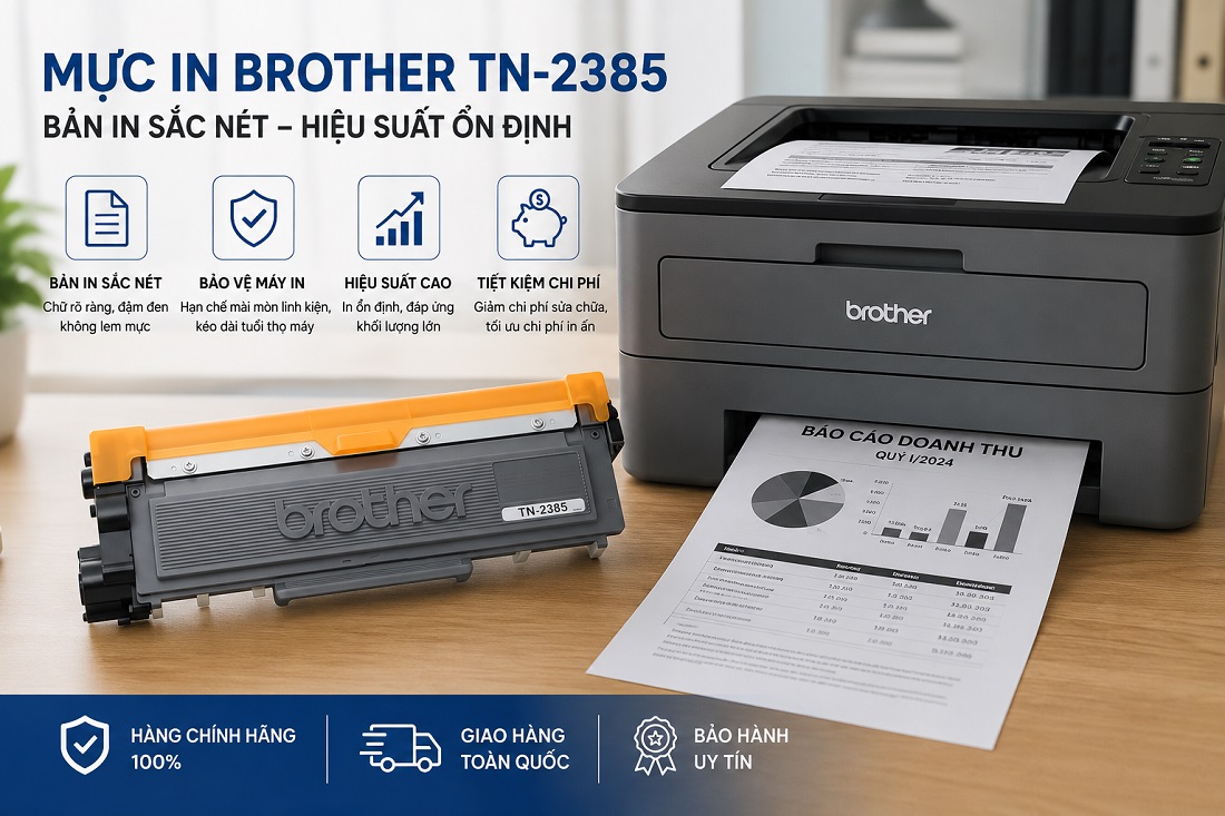 Mua mực in Brother TN 2385 chính hãng ở đâu uy tín? 3 Mực Brother TN 2385 chính hãng được sản xuất theo tiêu chuẩn nghiêm ngặt của Brother, giúp các bản in có độ đậm đều và sắc nét.